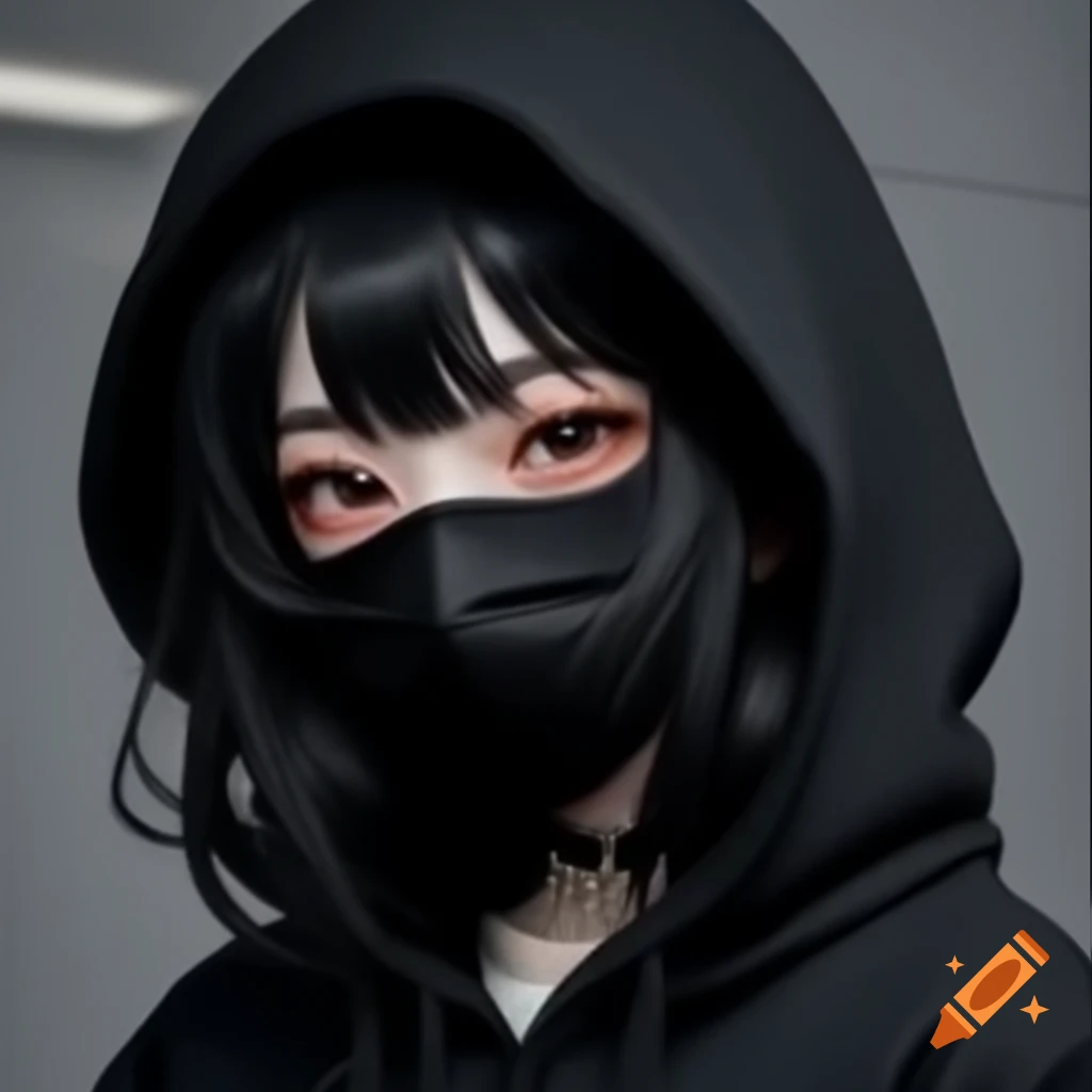 Aesthetic Japanese girl with long black hair, wearing a black hoodie and face mask
