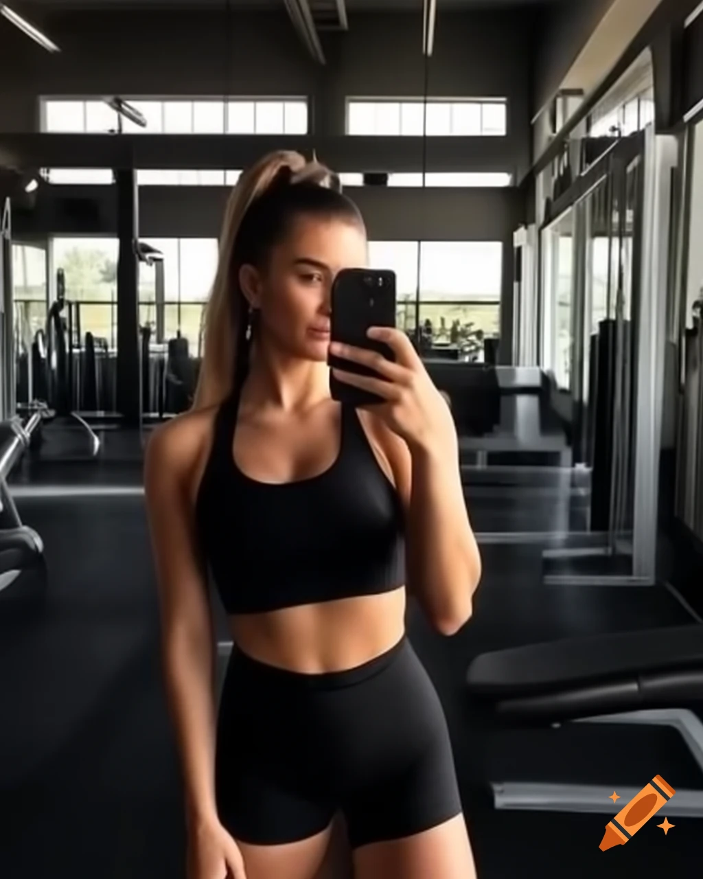 Young woman taking selfie in gym mirror with equipment in background