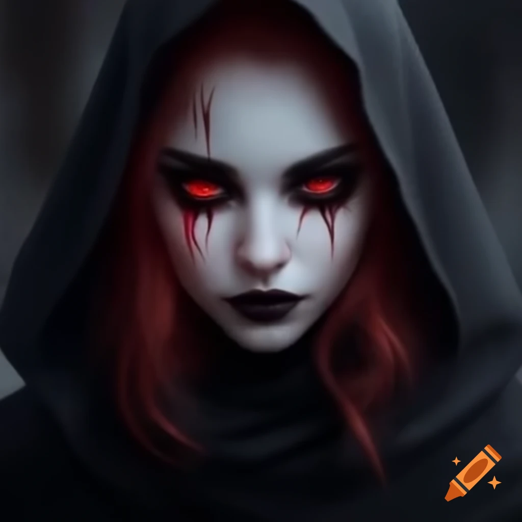 Mysterious female figure in dark clothing with red eyes and blood red hair