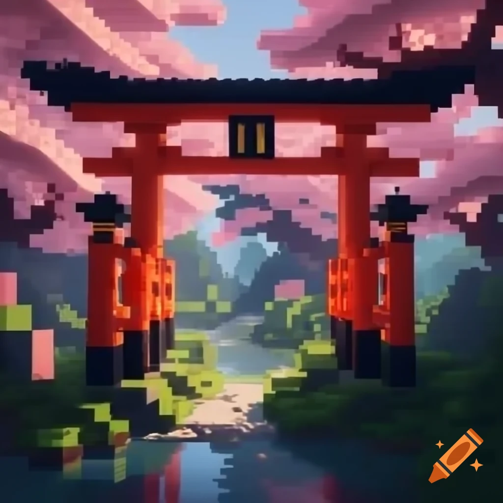 Japanese torii gate and garden with cherry blossoms in Minecraft style