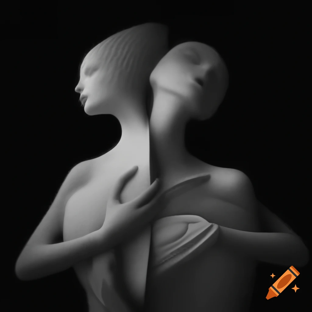 Surrealist monochrome artwork with abstract elements