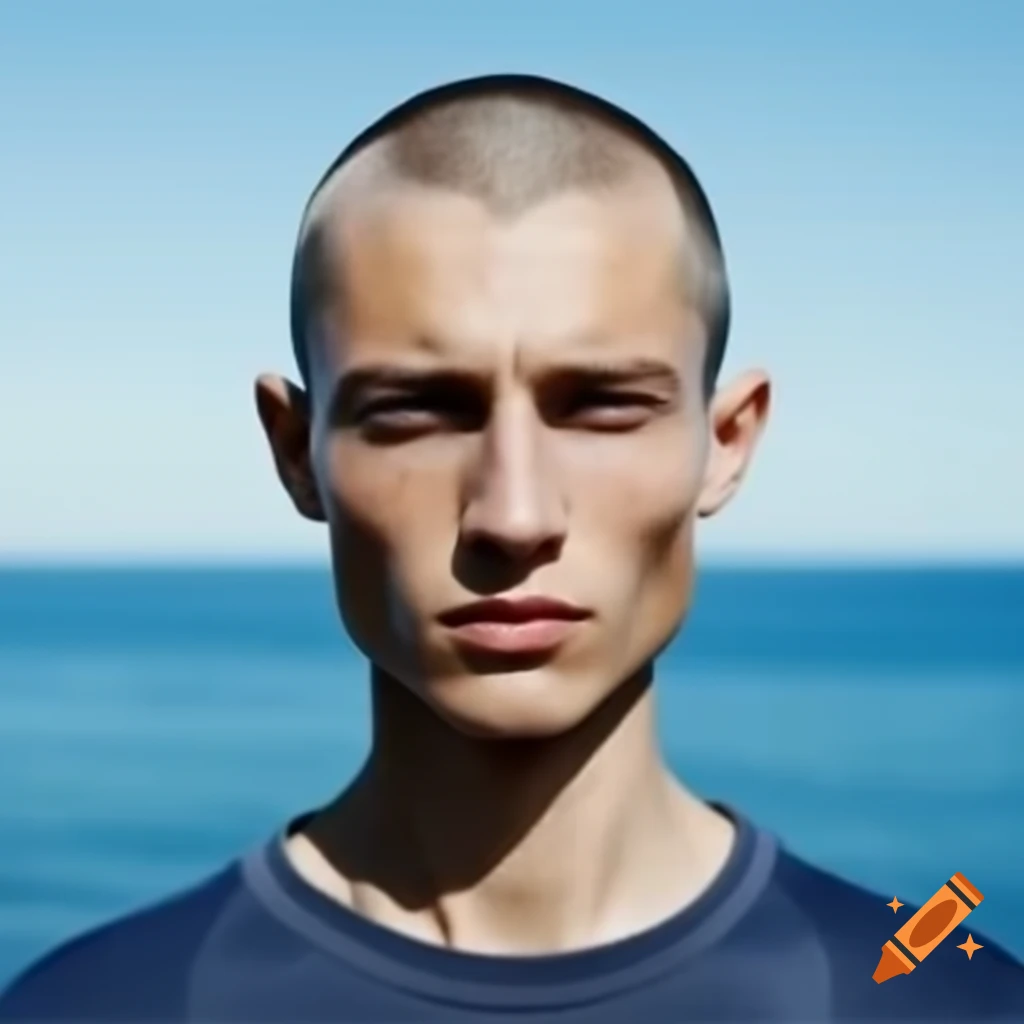 Portrait of Slavic male with shaved head wearing t-shirt by the sea