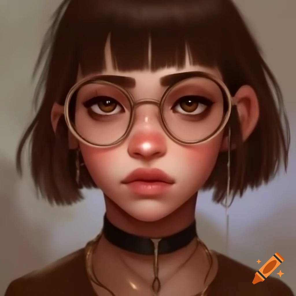 Portrait of a woman with round face, brown hair, and old glasses