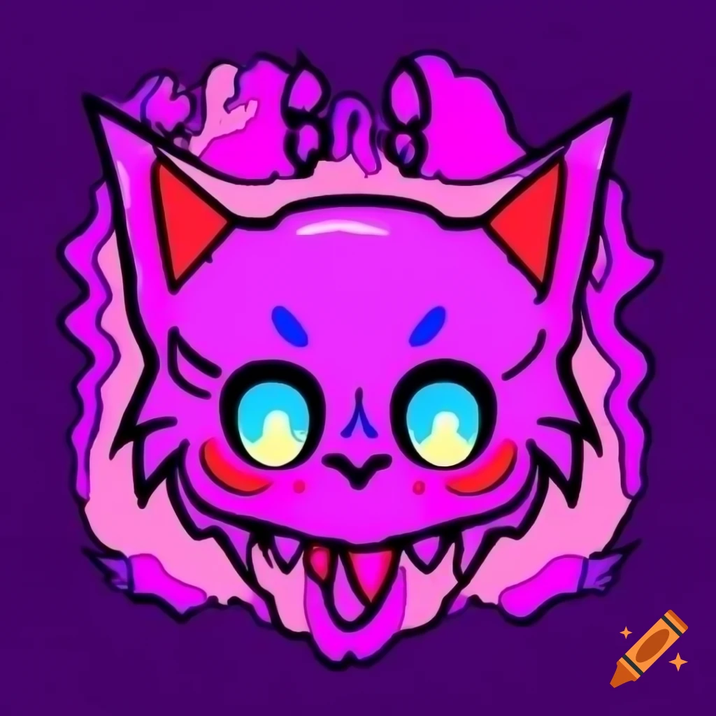 Cute devil-horned kitten in pink and purple hell scenery, anime style