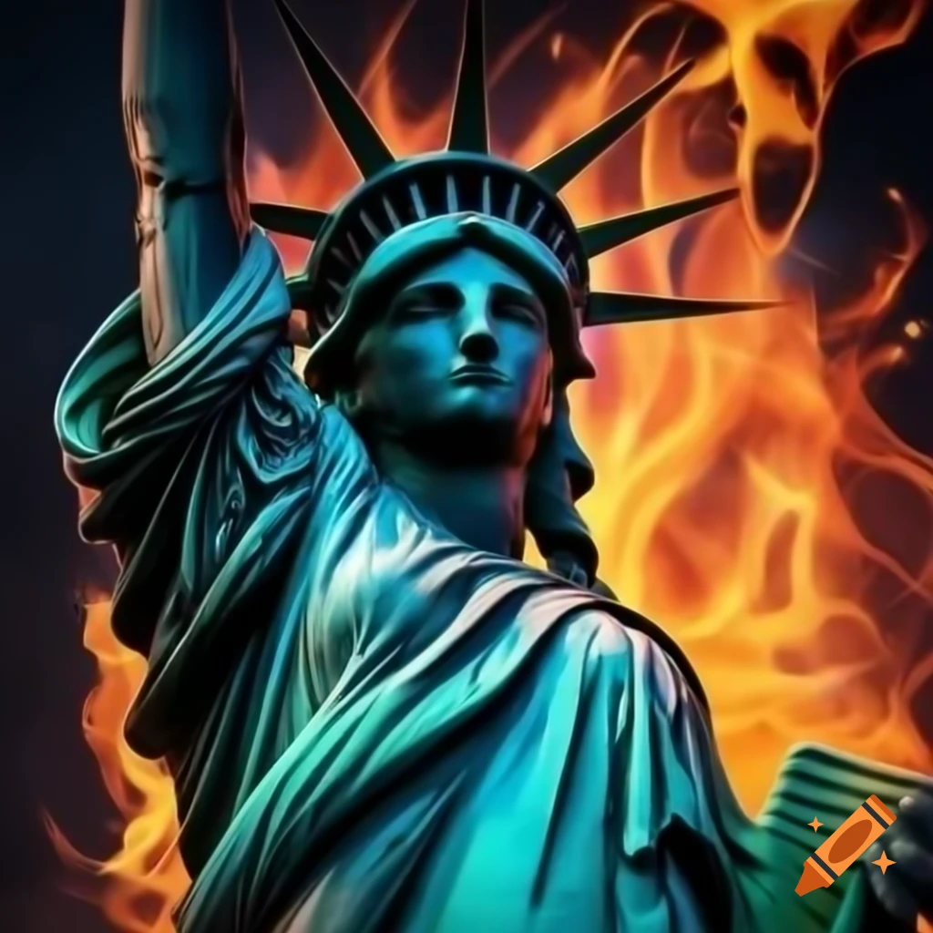 Statue of Liberty with flames in the background