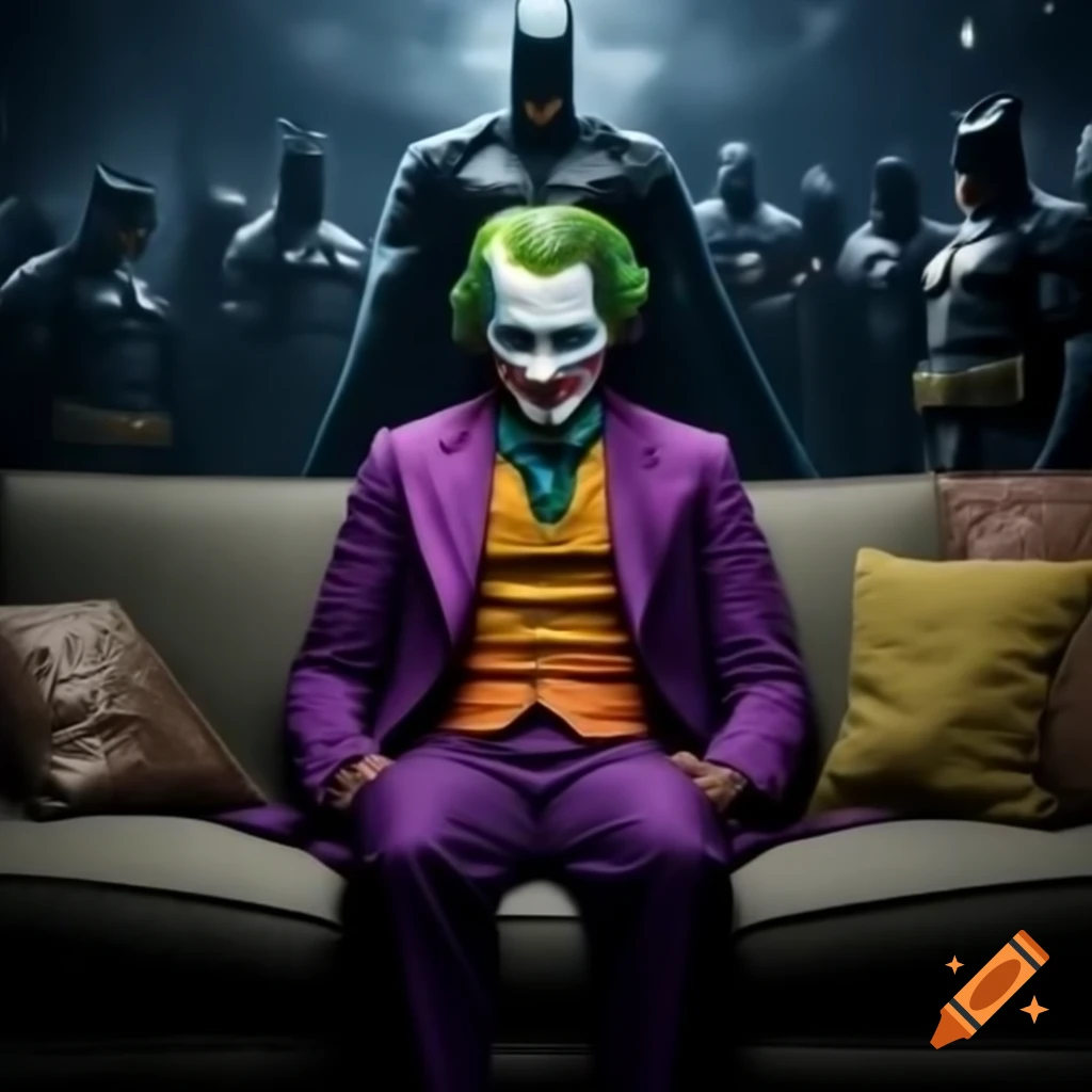 Joker sitting on sofa with multiple Batman figures behind
