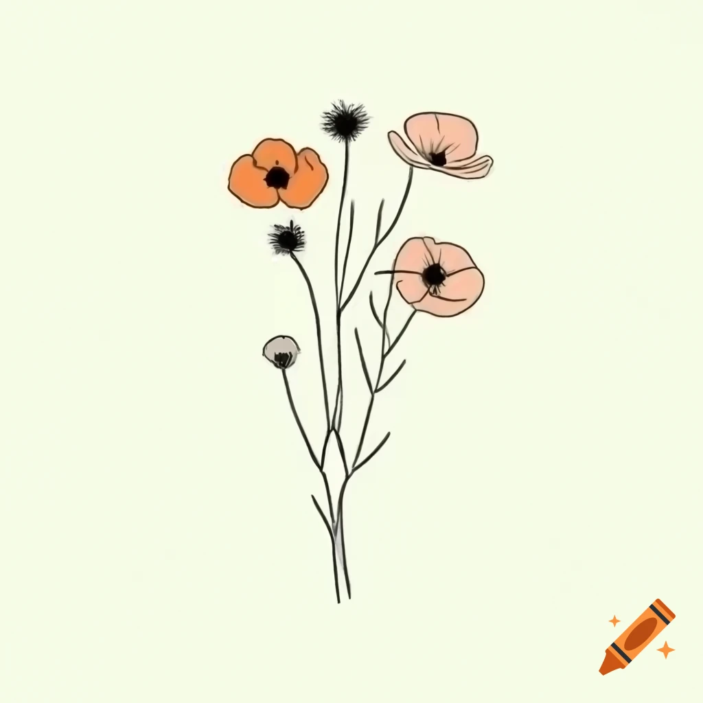 Minimalist black line drawing of cosmos flowers and branches in orange and green