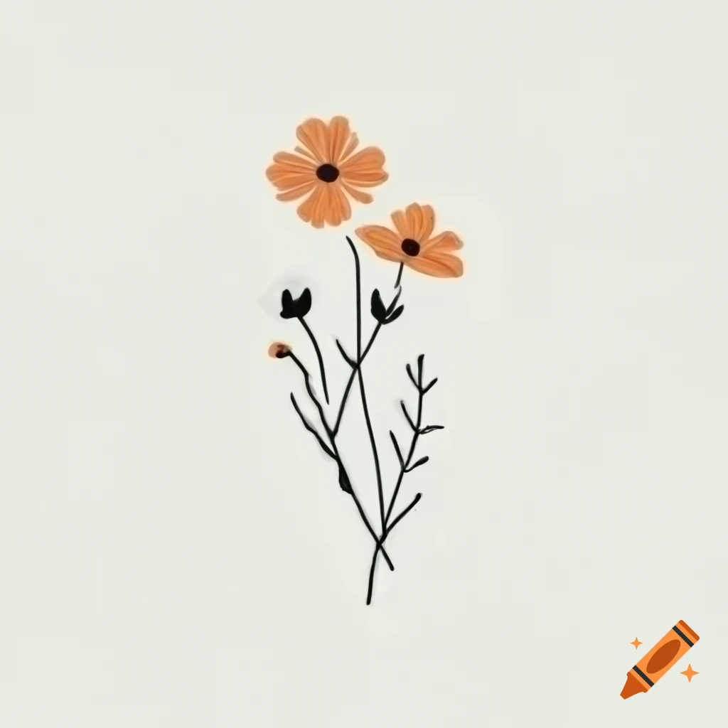 Minimalist black line drawing of cosmos flowers and branches in orange and green