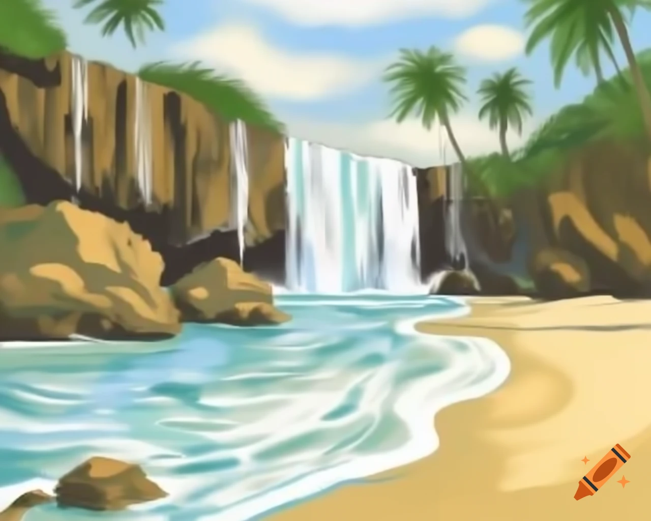 Waterfall and palm trees on beach in Da Vinci and Monet style