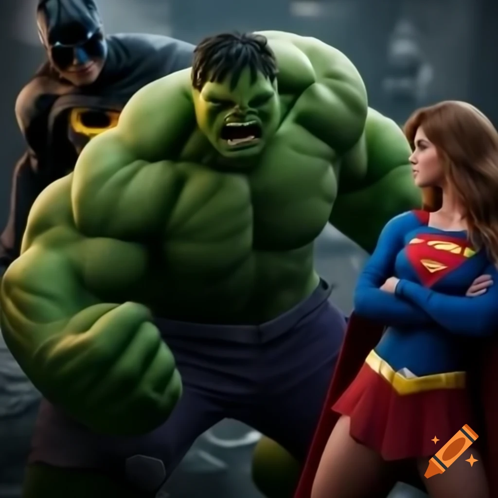 Hulk fighting alongside Batman and Supergirl