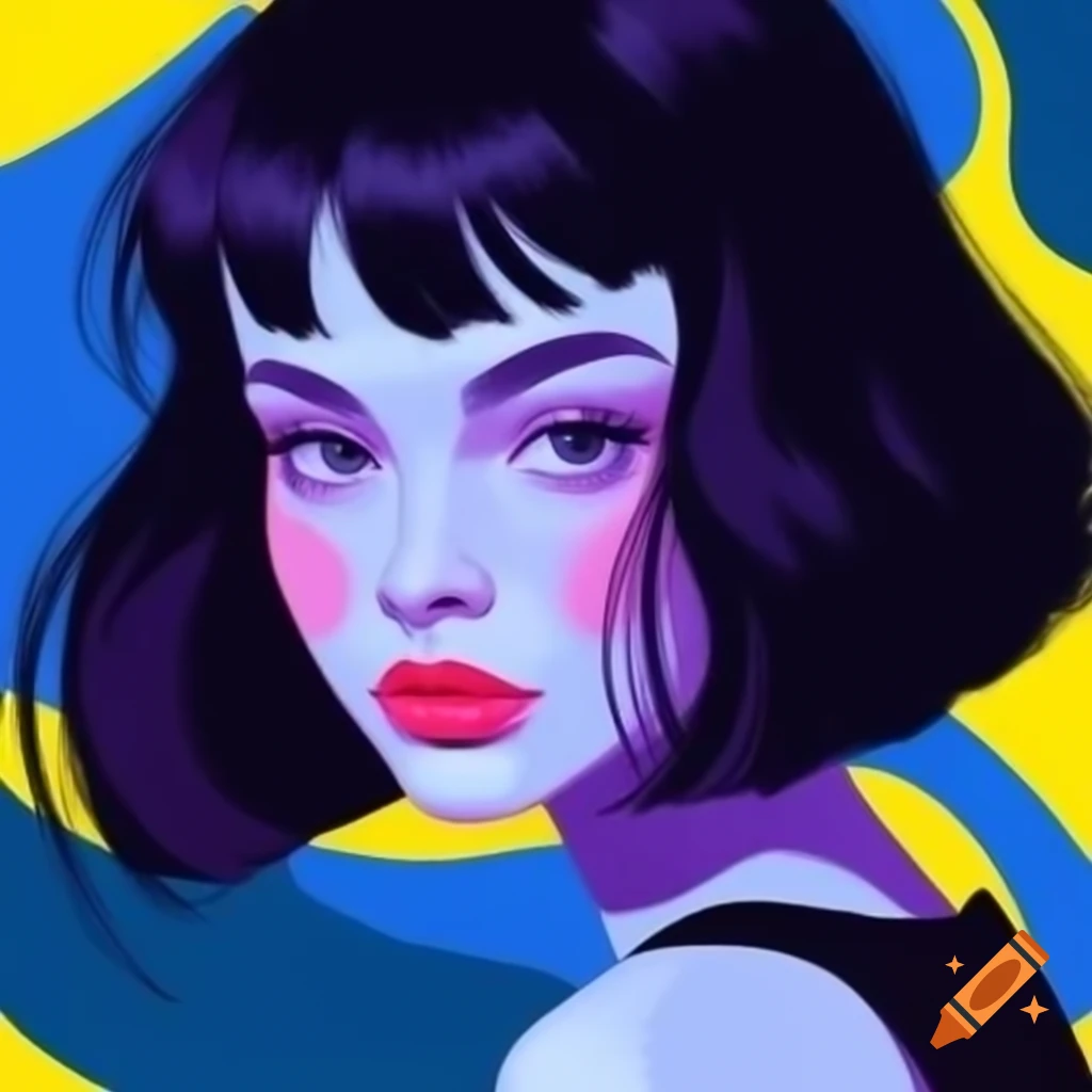 Pop art portrait of a young woman with black hair and blue eyes
