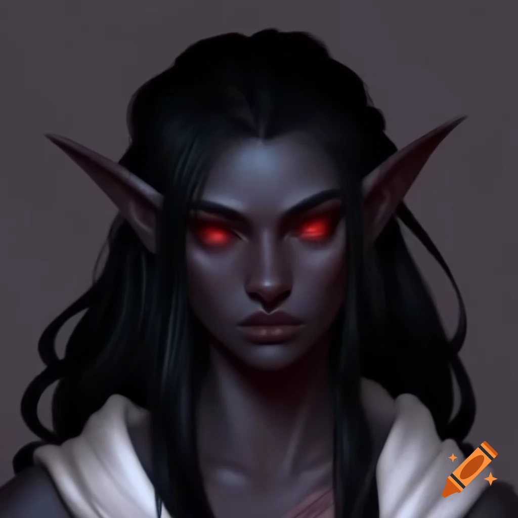 Female dark elf with long black hair and red eyes in white and grey robes