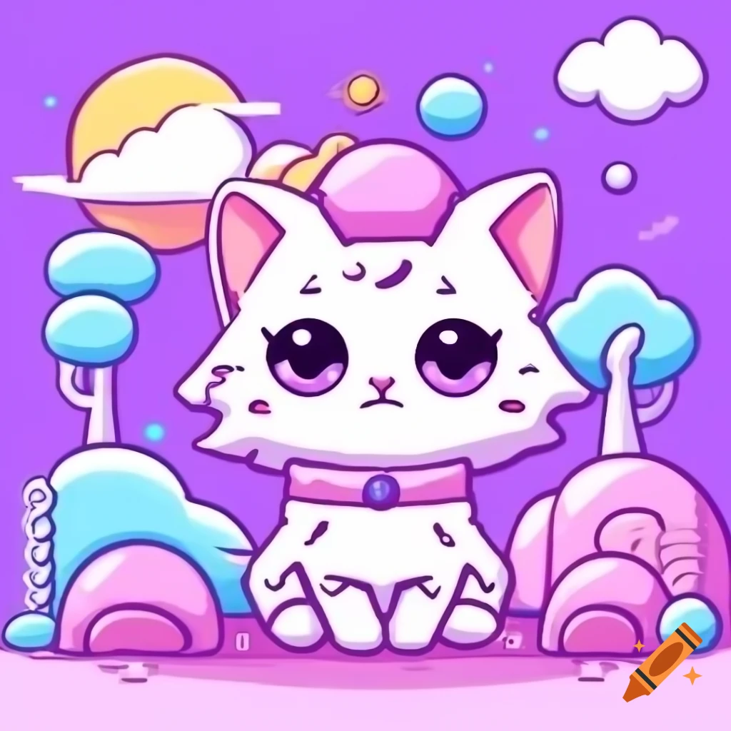Cute girly kitten in pink and purple anime cartoon style