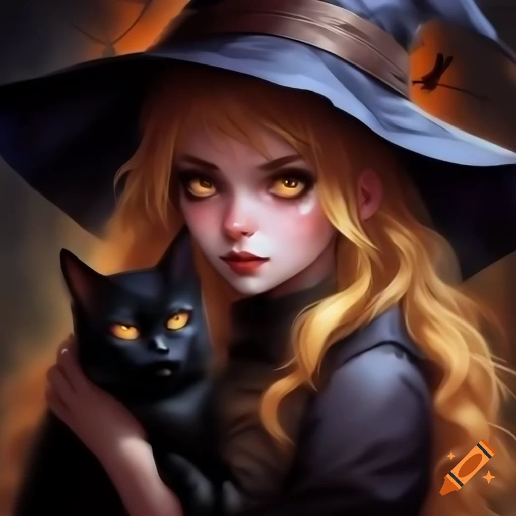 Anime female witch with black cat in Halloween setting