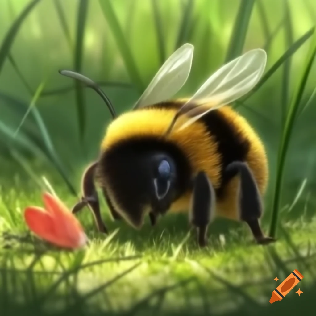 Dead bumble bee on grass next to dead flower