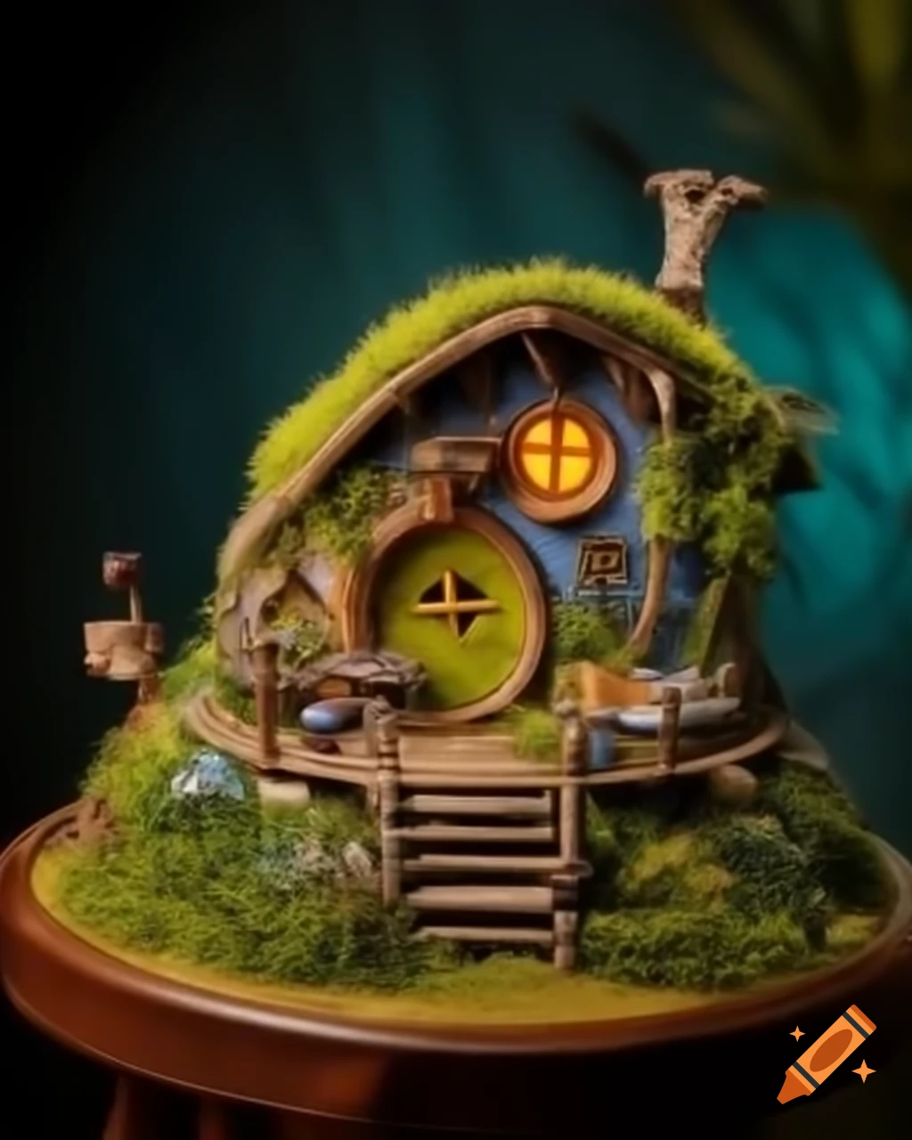 Cozy miniature hobbit house on a table, detailed diorama photography