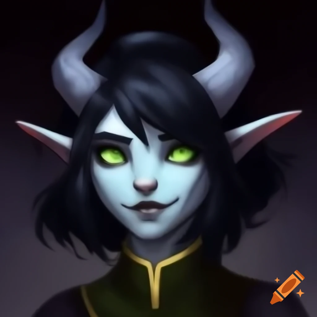 Female tiefling character with white skin, pale green eyes, tall horns, and a burn across her face