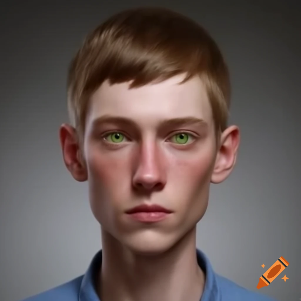 Realistic male with light brown hair and green eyes wearing casual attire