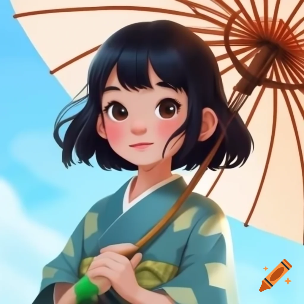 Animated movie poster of Japanese girl with umbrella flying in 3D art style
