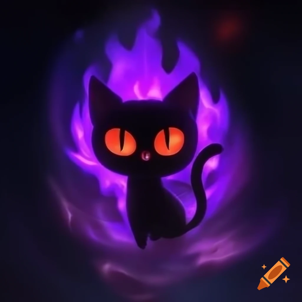 Black cat with purple flames and red eyes floating in a nebula