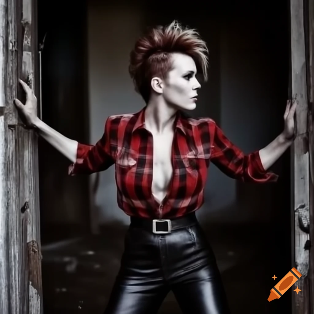 Punk rocker with mohawk hairstyle in plaid shirt and leather trousers peeking through derelict setting