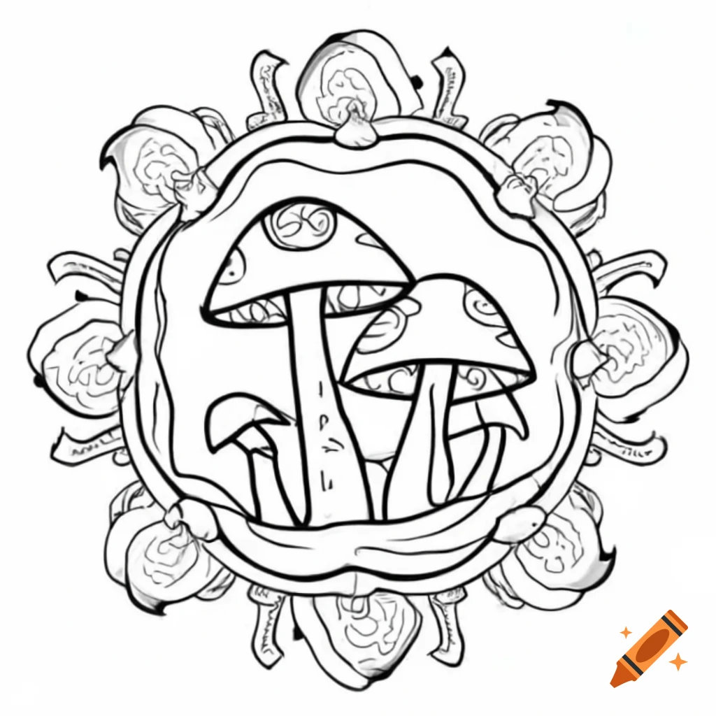 Outline drawing of mandalas featuring mushrooms