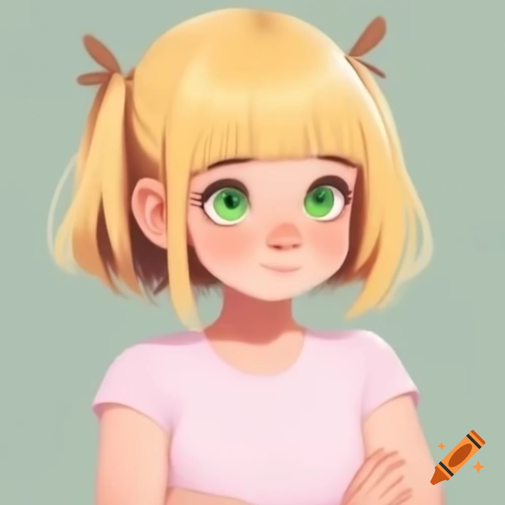 Anime girl with blonde hair and green eyes, wearing pink sleeveless shirt, arms crossed