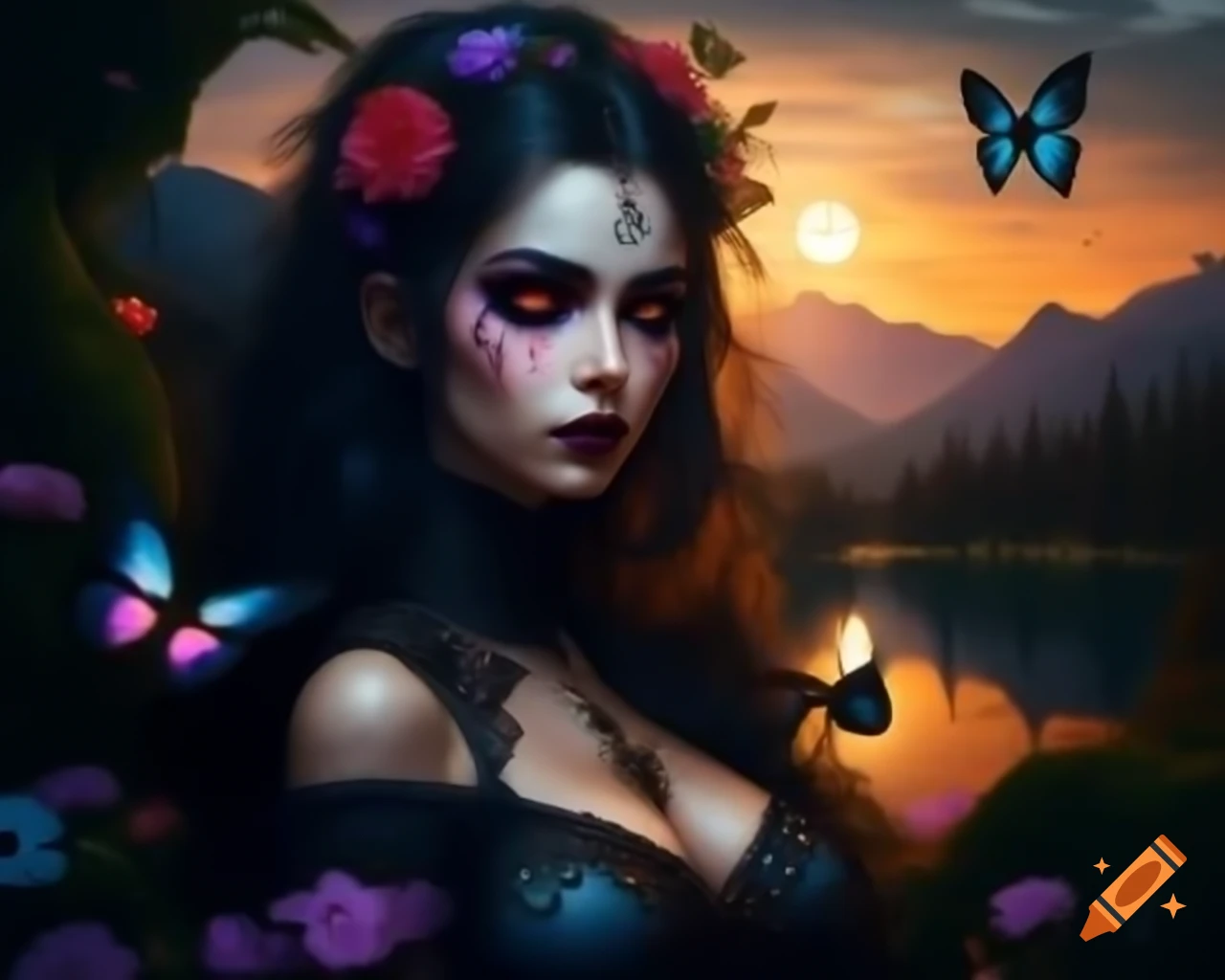 Hyperrealistic Gothic woman with flowers and butterflies in her hair, deep eyes and freckles