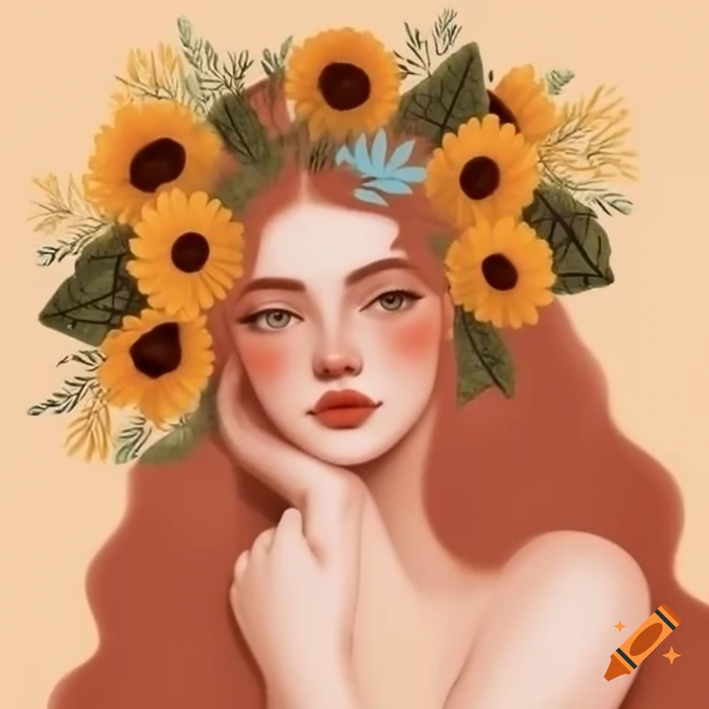 Woman with flower tiara featuring sunflowers in pastel crayon style