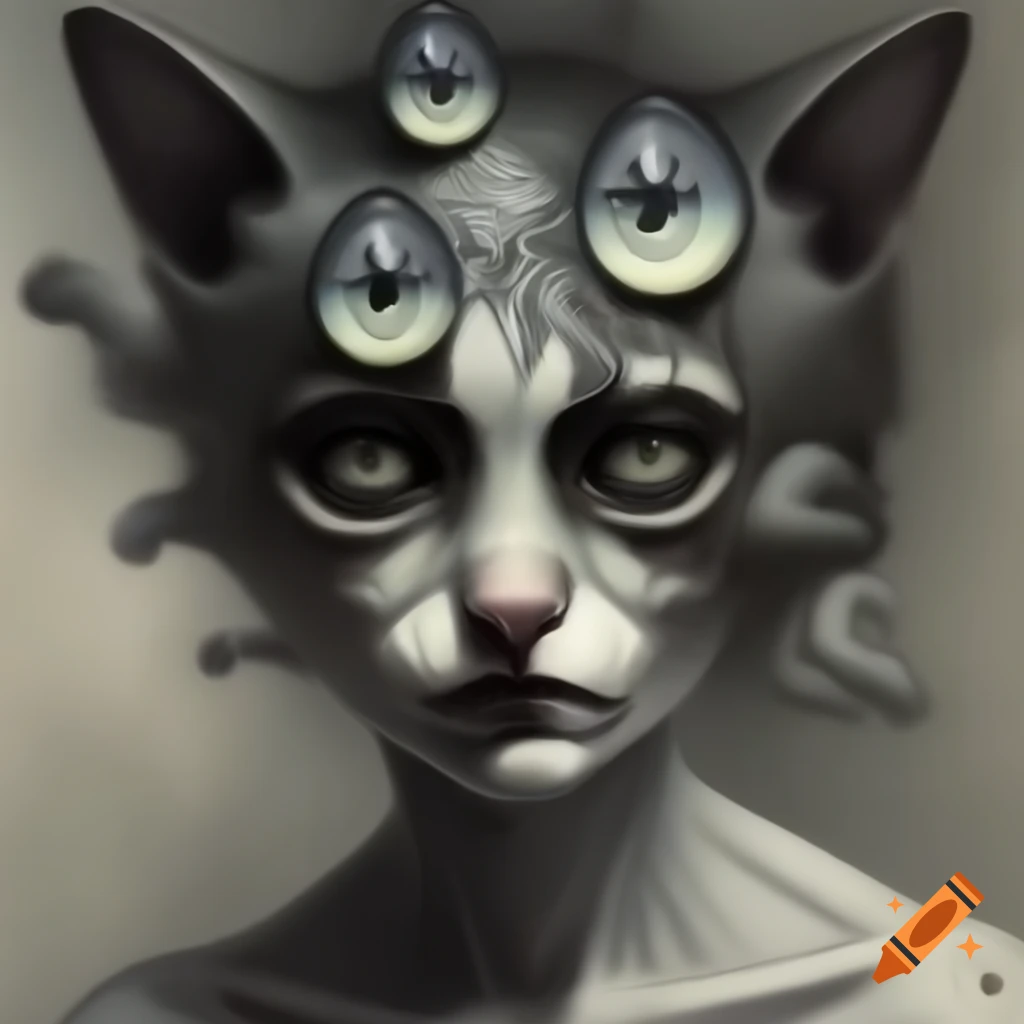 Cat-head-girl illustration inspired by Gustave Doré, Lovecraft, and body horror elements
