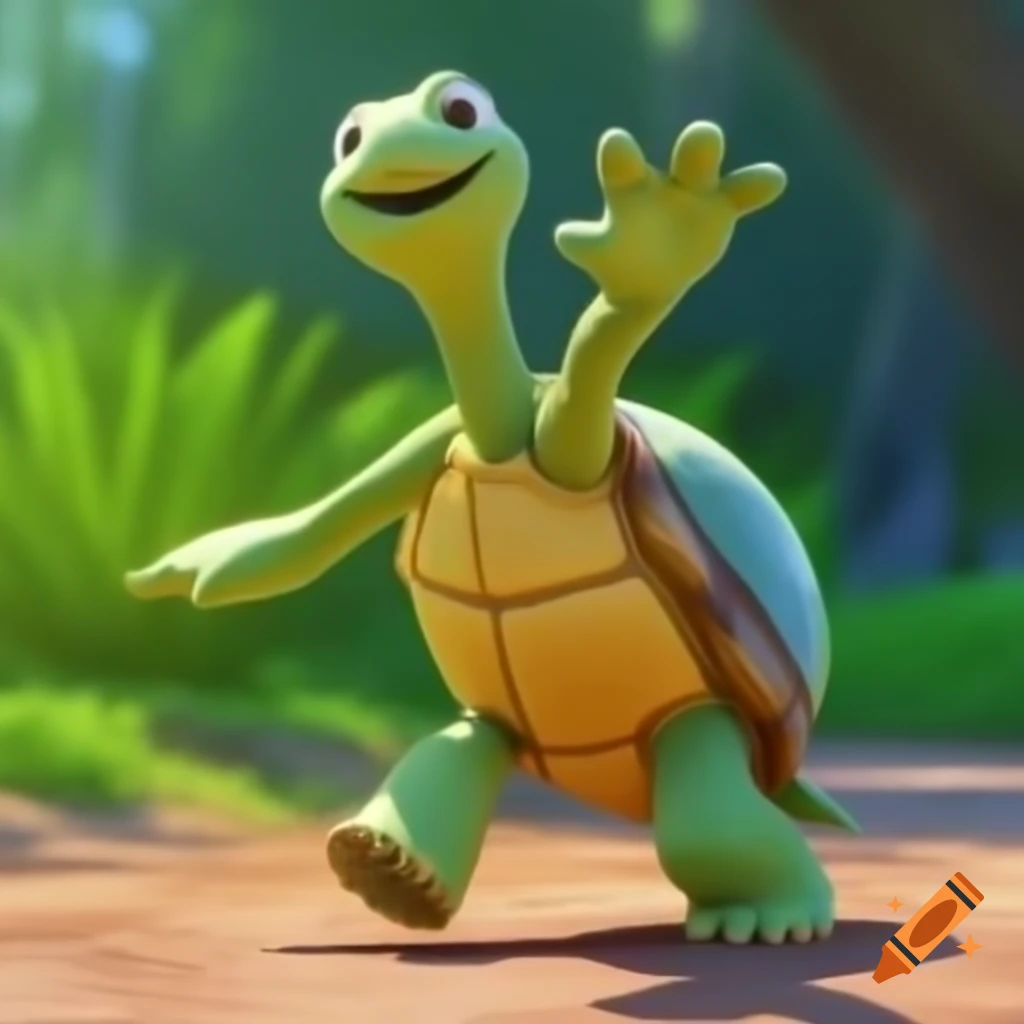 Smiling turtle waving while walking in Pixar style