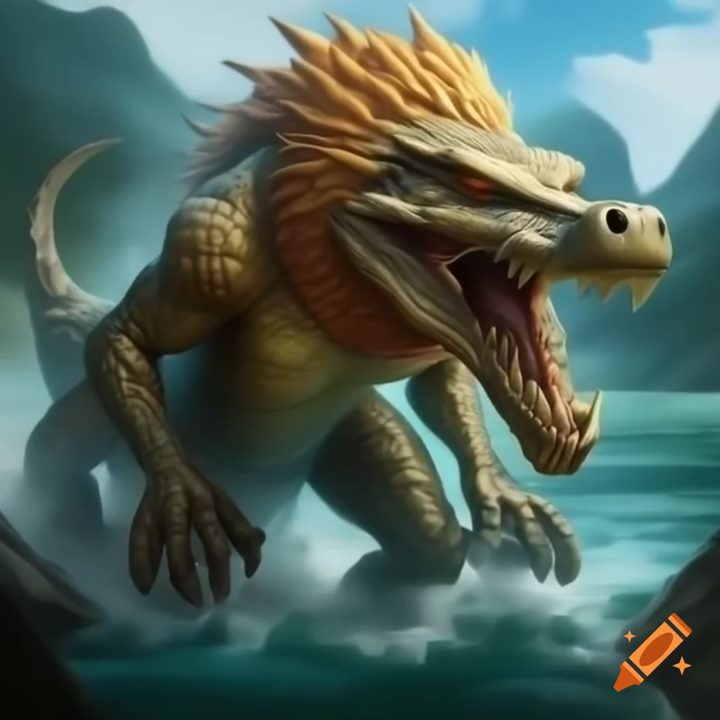 Powerful creature with lion body and crocodile head, muscular with golden fur