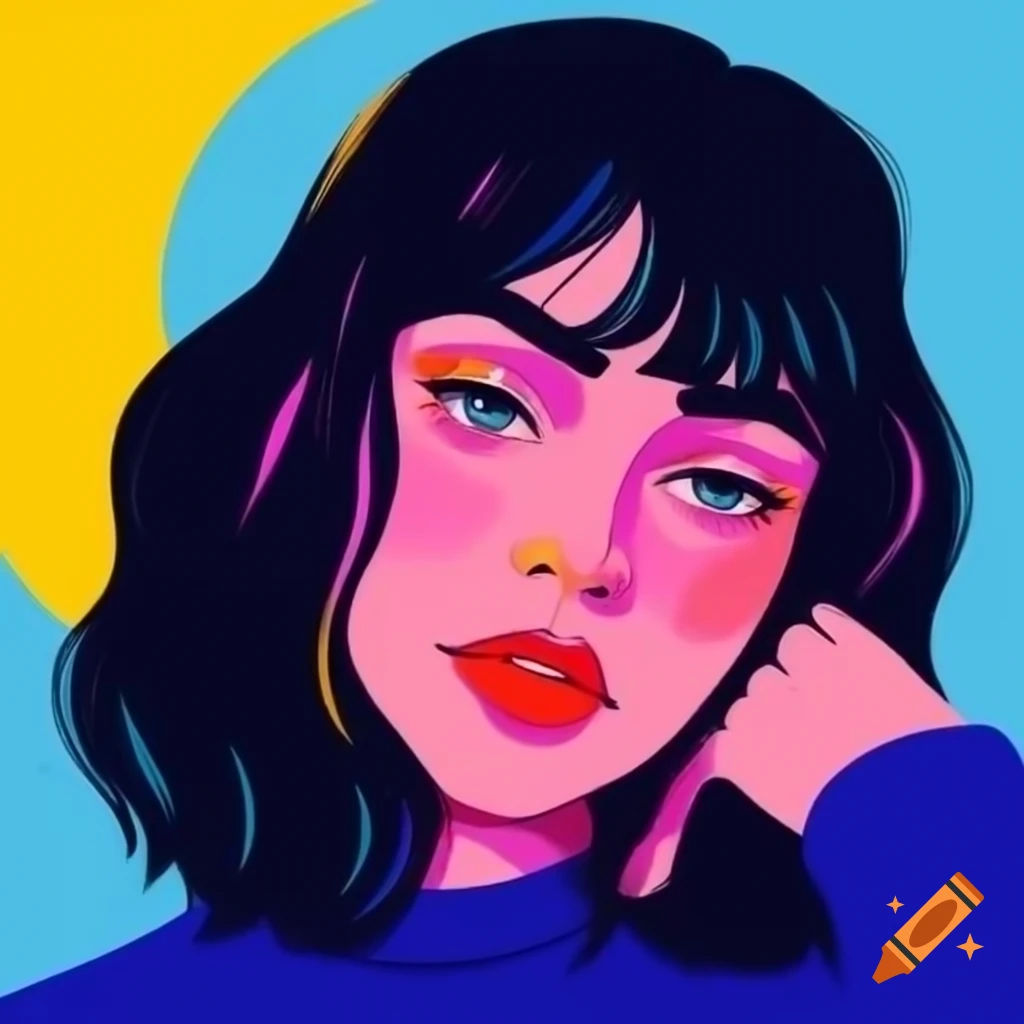 Pop-Art portrait of young woman with black hair and blue eyes, featuring speech bubble 'Yes, Sus4'