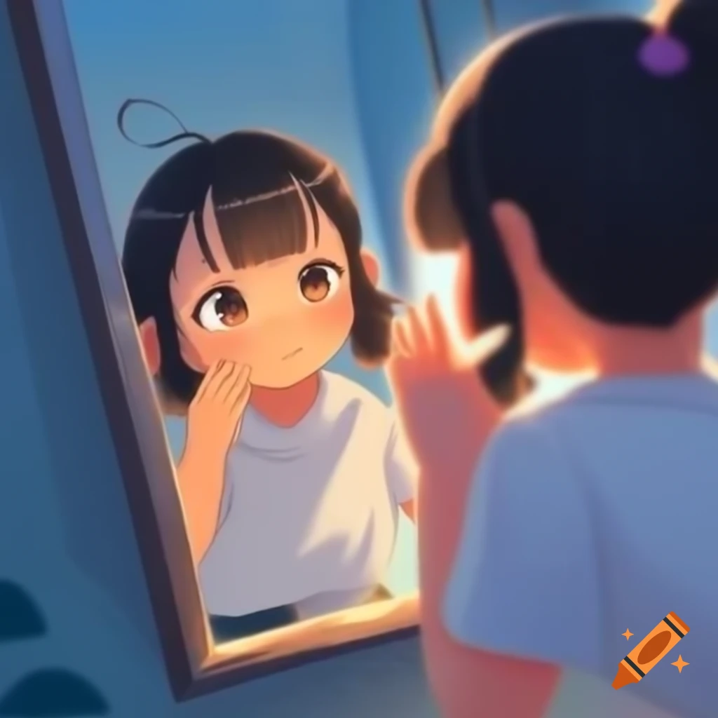 Anime girl interacting with a mirror