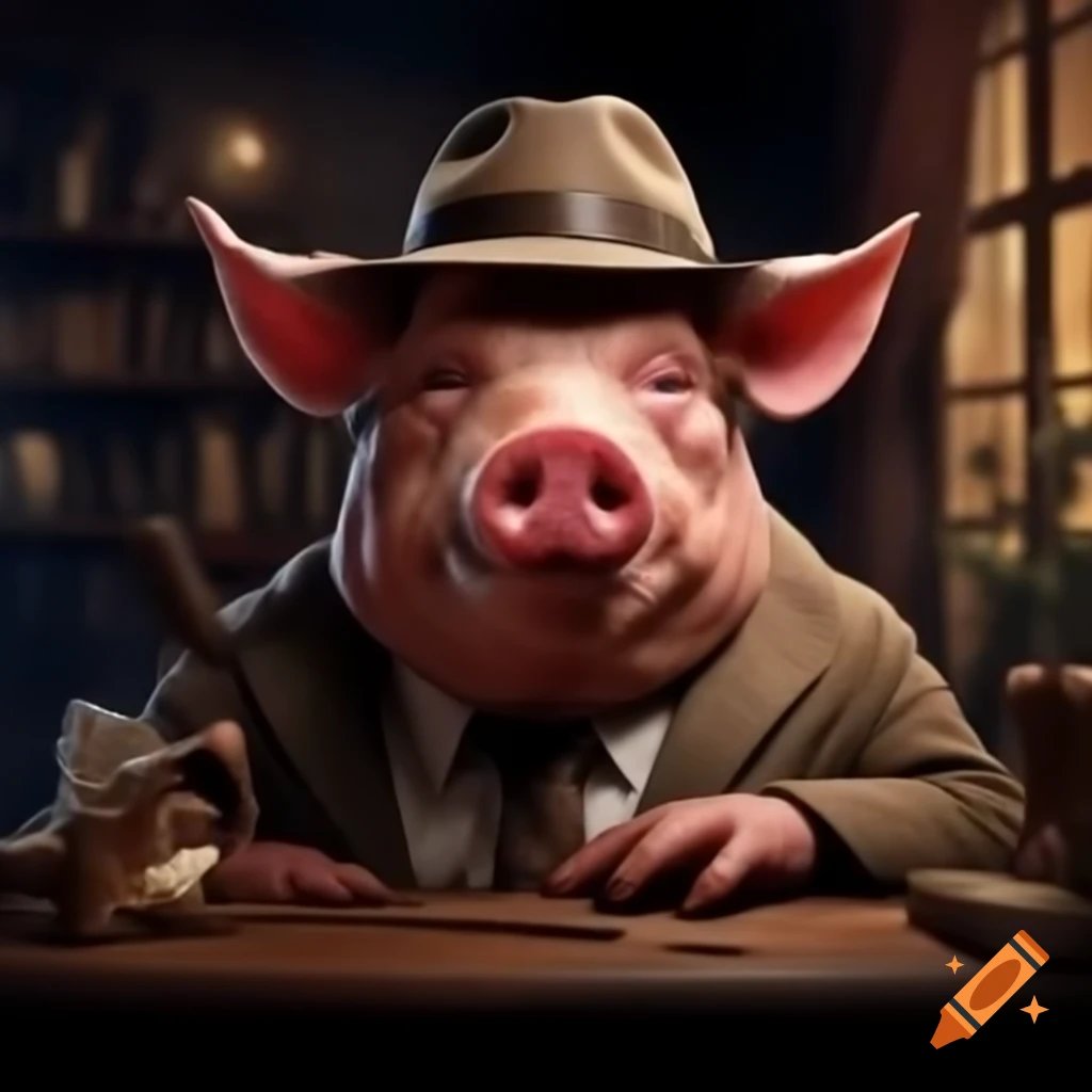 Cunning pig detective with an interested expression