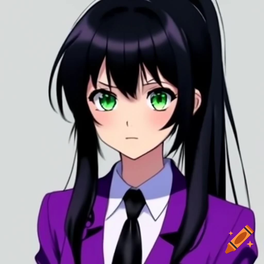 Anime girl with black hair and green eyes in purple suit and black tie displaying panic