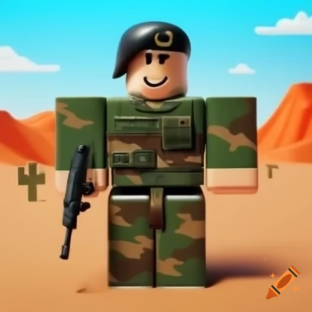 Roblox military soldier in desert background with gun