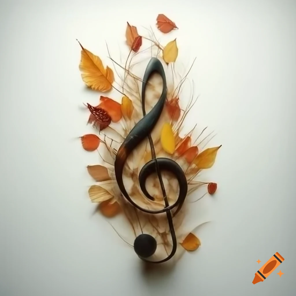 Treble clef with middle ages scrollwork and autumn features on white background