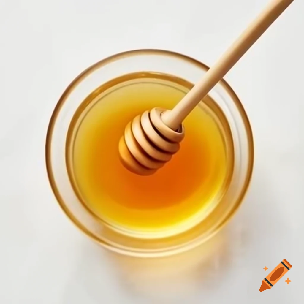 Flat lay of glass bowl filled with pure honey and honey dipper