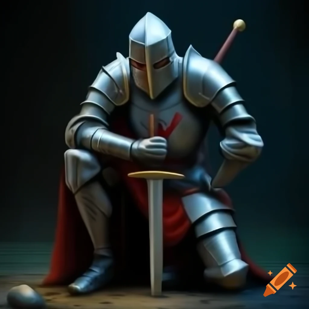 Knight kneeling with sword in a solemn pose
