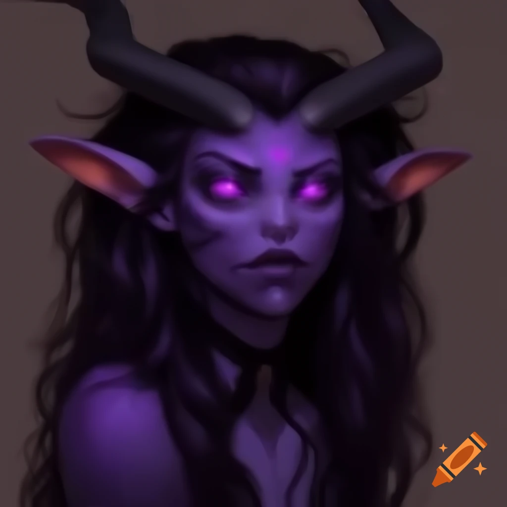 Androgynous tiefling character with black skin, purple hair and eyes, featuring gazelle horns