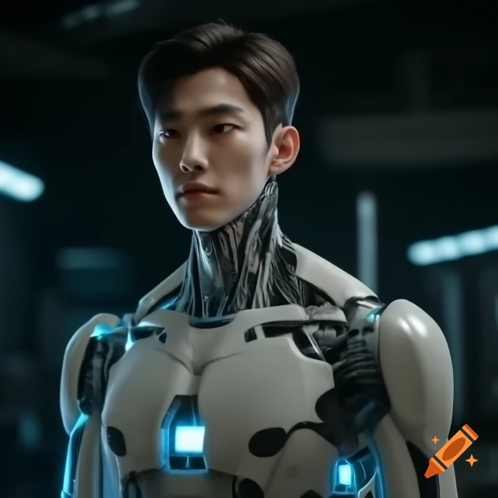 Skinny Korean young male cyborg with glass torso and LED lights