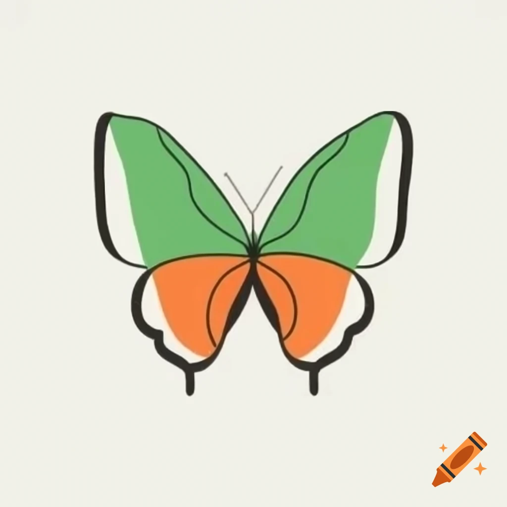 Minimalist black line drawing of butterfly with orange and green on white background