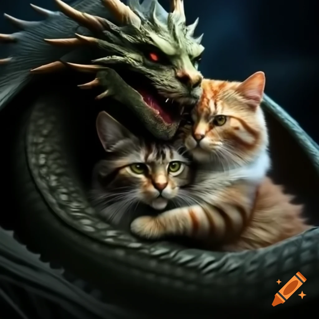 Cat embracing a dragon in a whimsical scene