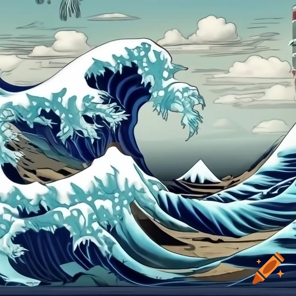 Japan style artwork of sea with large wave caused by Godzilla