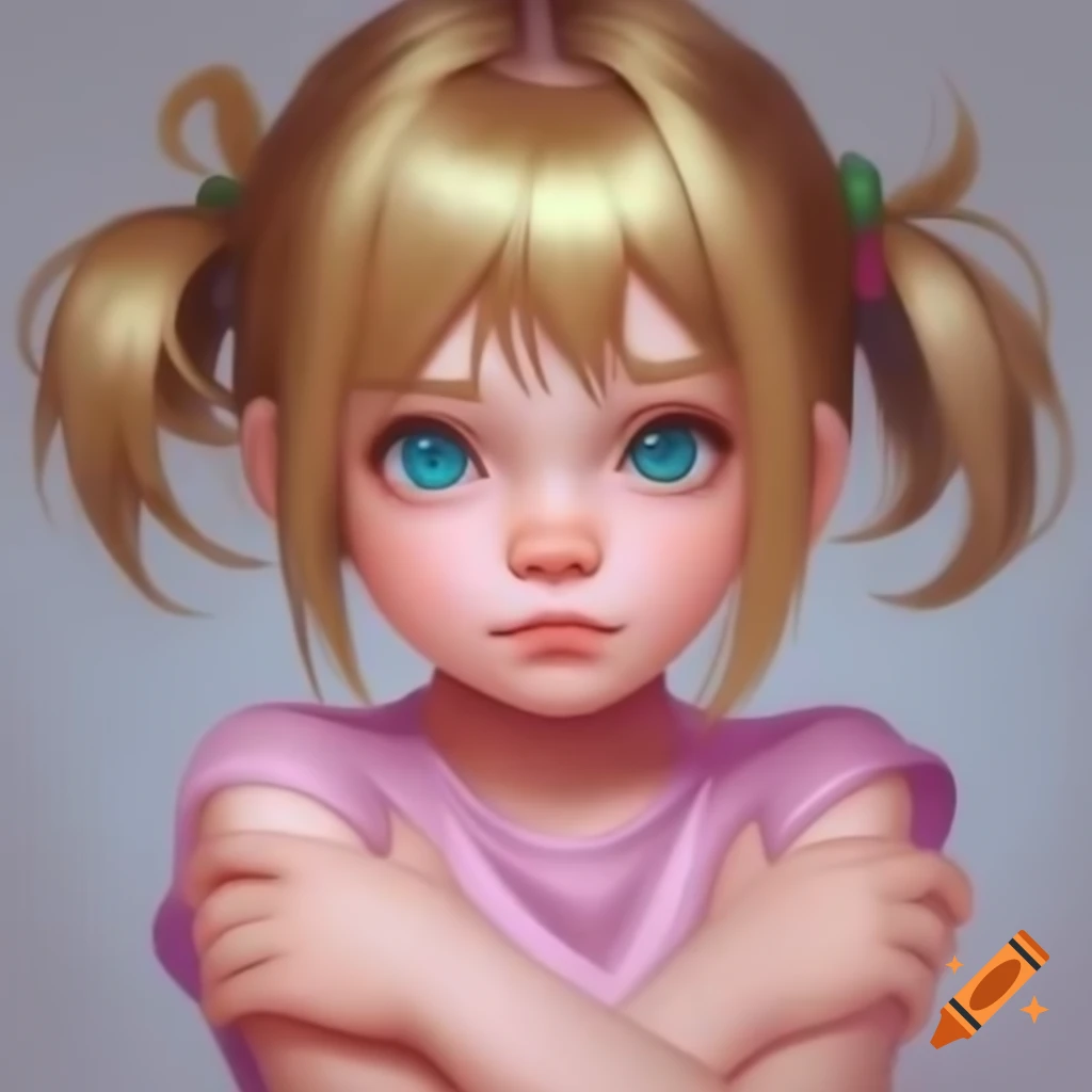 Anime girl with blonde hair and blue-green eyes, wearing a pink sleeveless t-shirt, arms crossed