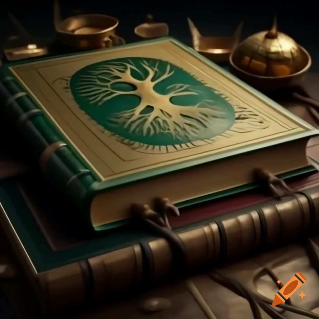 Ancient green leather book with gold embossing and tree of life design, watercolor and pencil