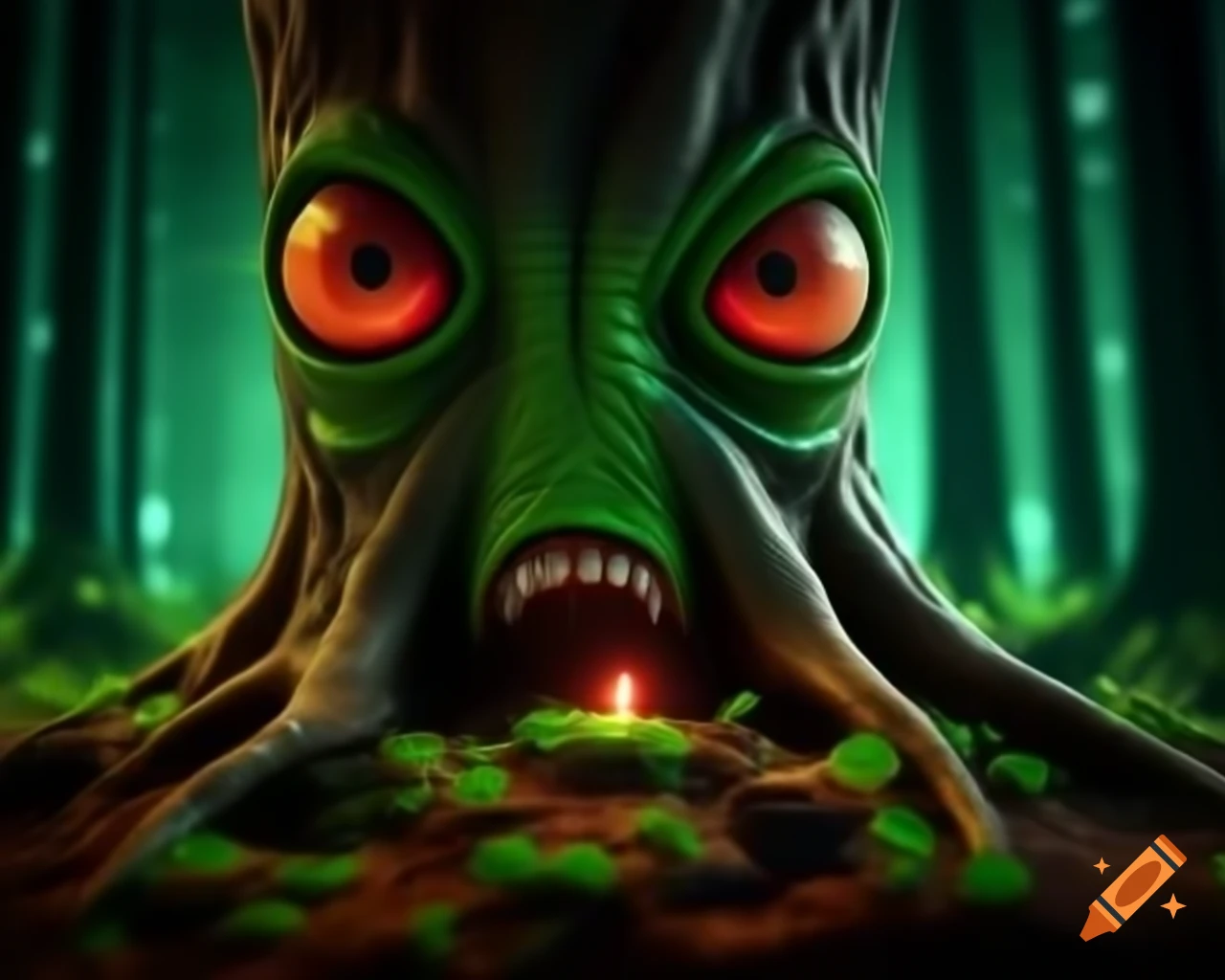 3D CGI anime tree monster with humanoid bark face and trees growing on its body