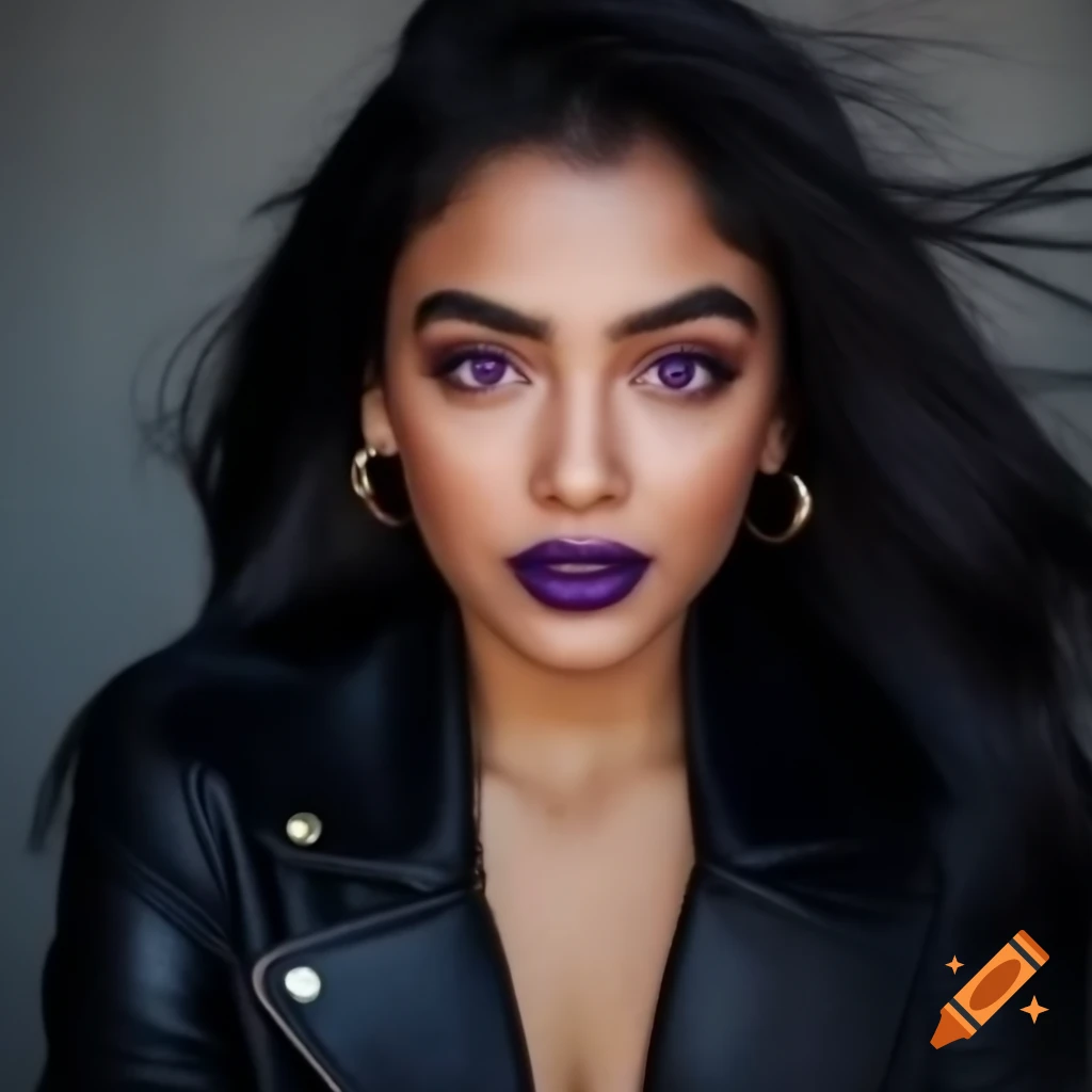 Fashionable woman in black leather with violet eyes and gold earrings, slightly smiling