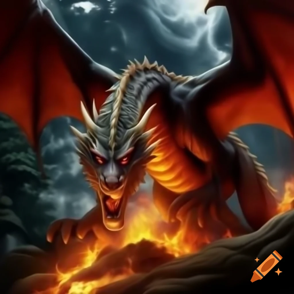 Dragon breathing fire on a tree